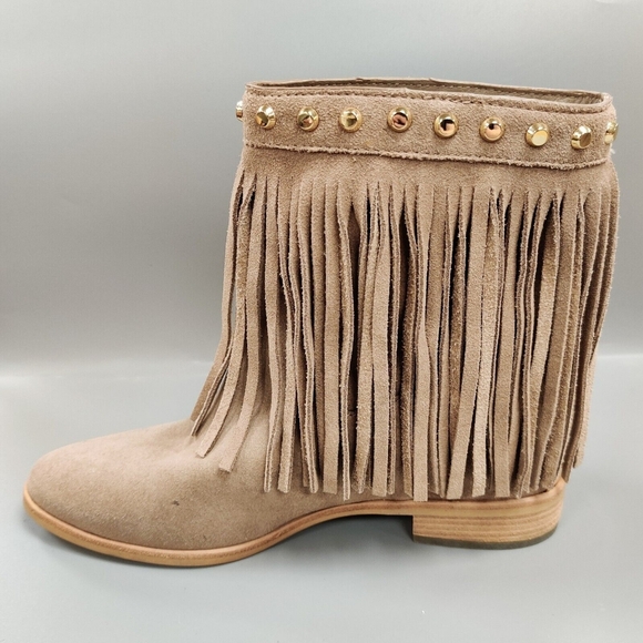 MICHAEL MICHAEL KORS Billy Fringed Ankle Boot Studded Suede Bootie Neutral 6 - Picture 3 of 14